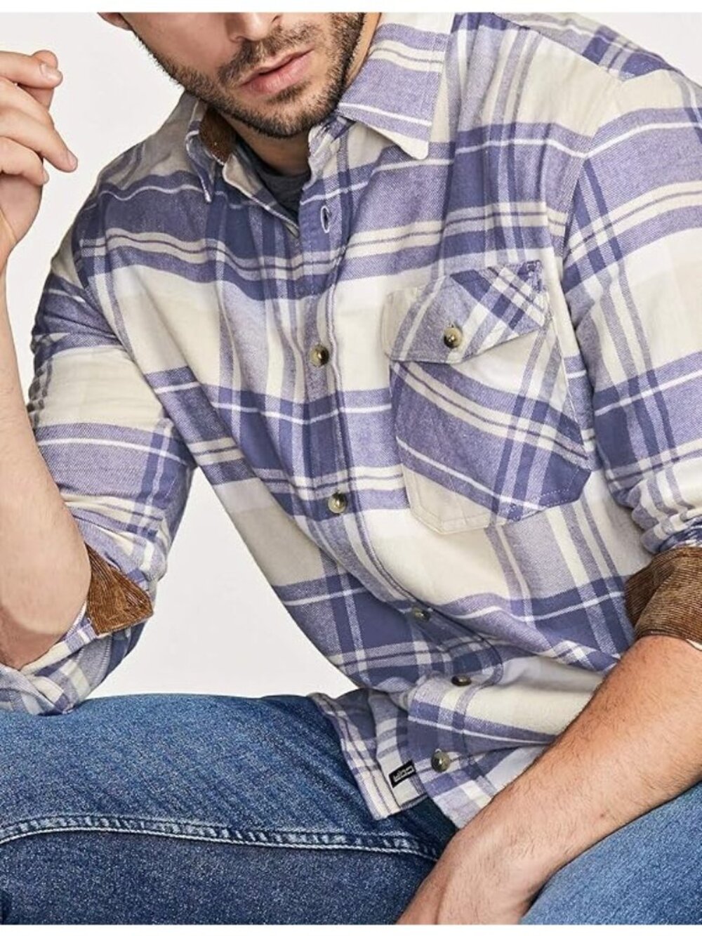 CQR Mens Flannel Shirt XL Cotton Long Sleeve Plaid Brushed Soft Cream Blue Work